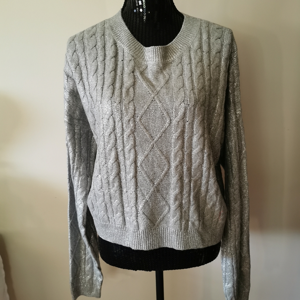 BP Silver Metallic Cable Knit Sweater Size Large